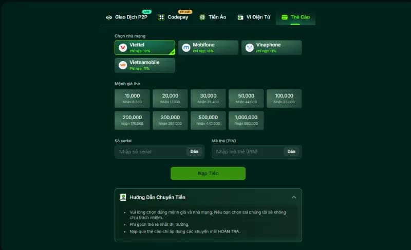 Chọn gửi tiền ví game qua thẻ cào 