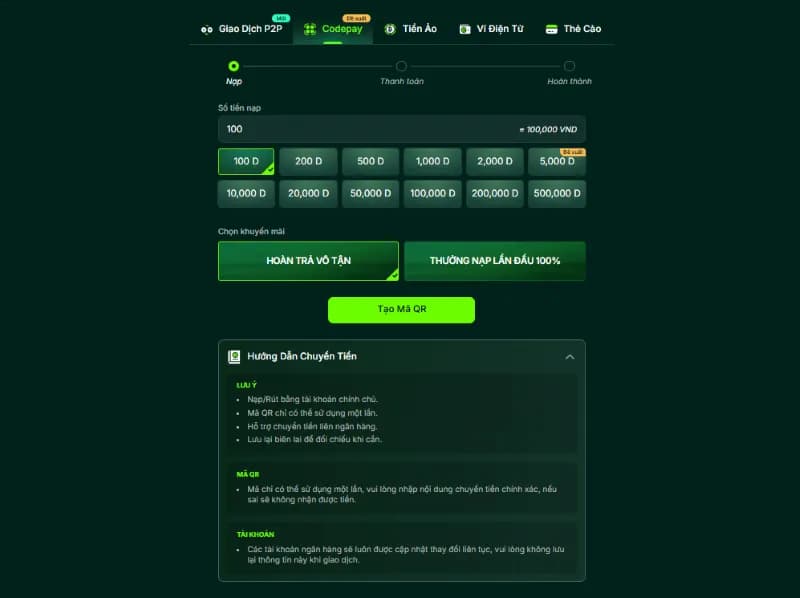 Code pay gửi tiền ví game nhanh gọn 