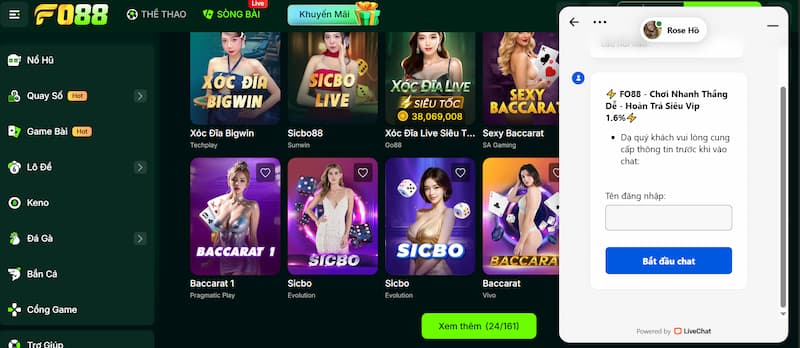 Dịch vụ hỗ trợ cá cược casino live FO88 